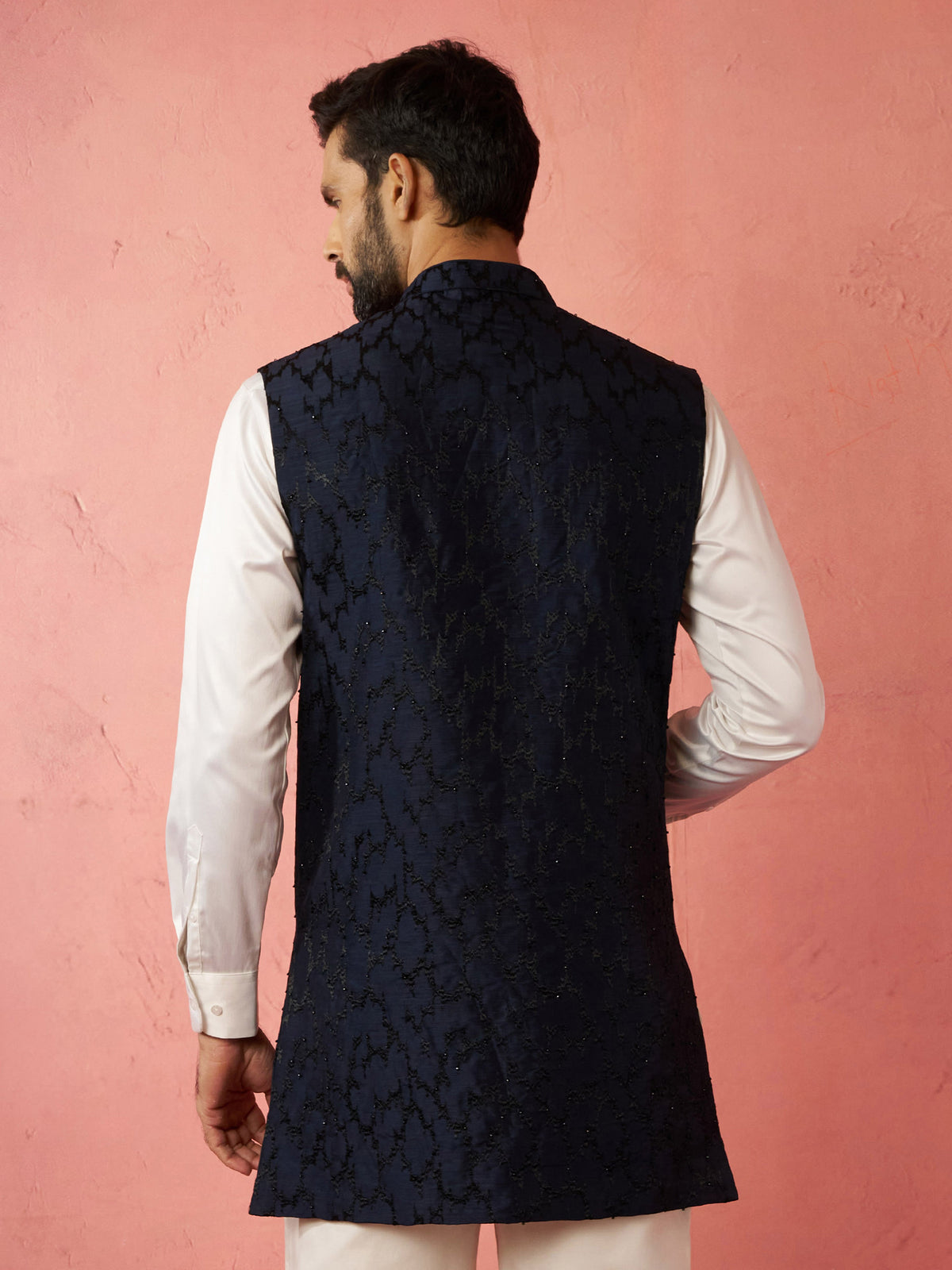 Men's Navy Blue Maharaja Jacquard Nehru Jacket