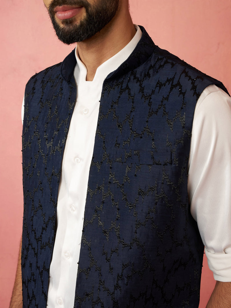 Men's Navy Blue Silky Abstract Embroidered Nehru Jacket