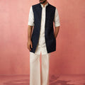 Men's Navy Embroidered Nehru Jacket with Cream Kurta Trouser