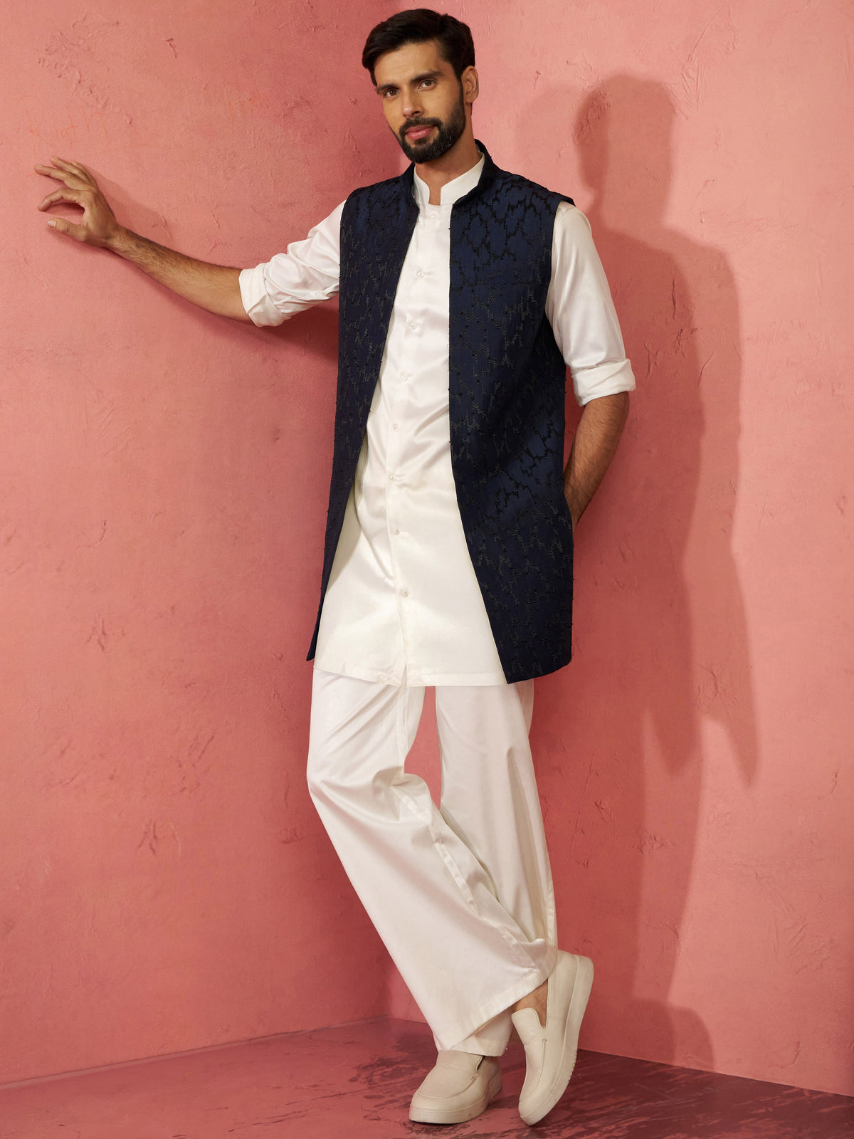 Men's Navy Embroidered Nehru Jacket with Cream Kurta Trouser