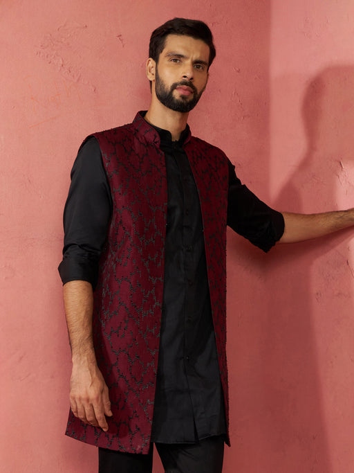 Men's Wine Silky Abstract Embroidered Nehru Jacket
