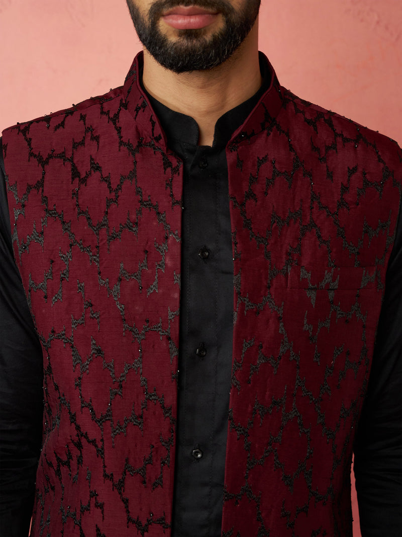 Men's Wine Silky Abstract Embroidered Nehru Jacket