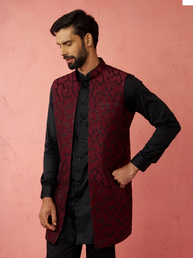 Men's Wine Silky Abstract Embroidered Nehru Jacket
