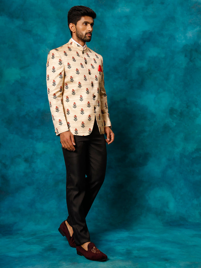 Men's Beige Printed Silk Jodhpuri