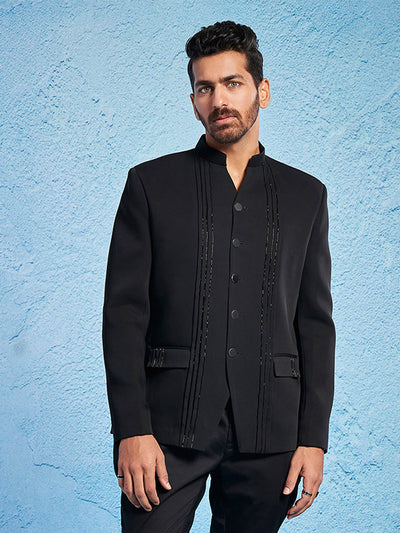 Men's Black Imported Suiting Sherwani Only Top