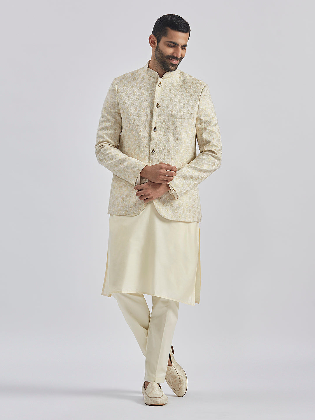 Men's Gold And Cream Viscose Jodhpuri, Kurta And Pyjama Set