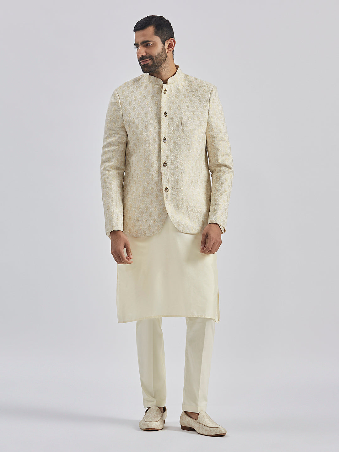 Men's Gold And Cream Viscose Jodhpuri, Kurta And Pyjama Set