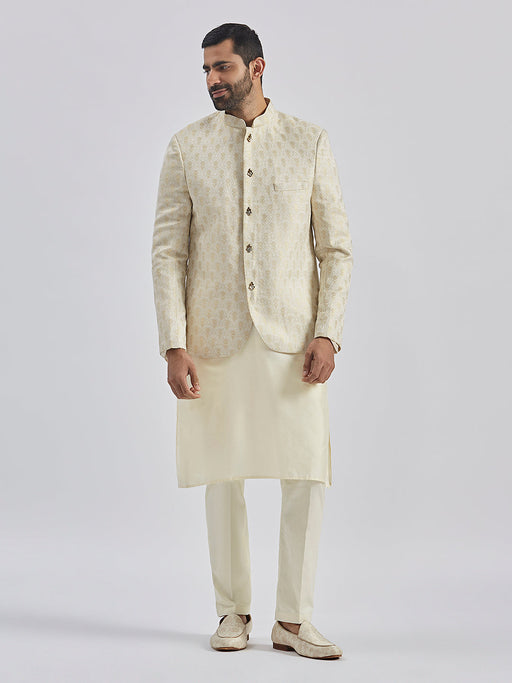 Men's Gold And Cream Viscose Jodhpuri, Kurta And Pyjama Set