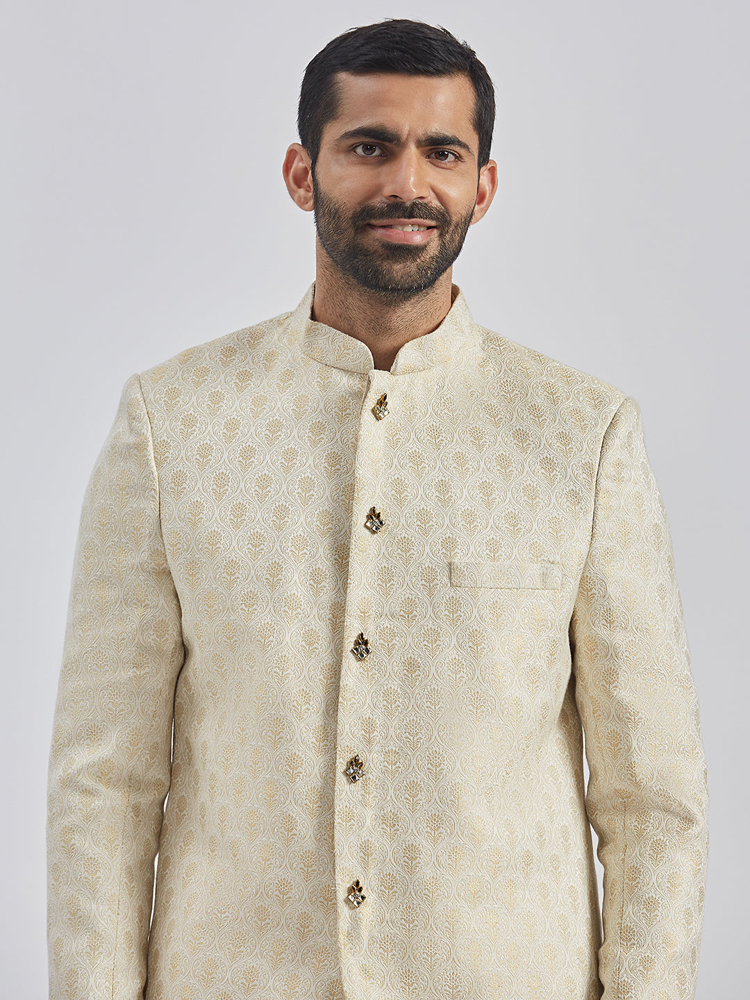 Men's Gold And Cream Viscose Jodhpuri, Kurta And Pyjama Set