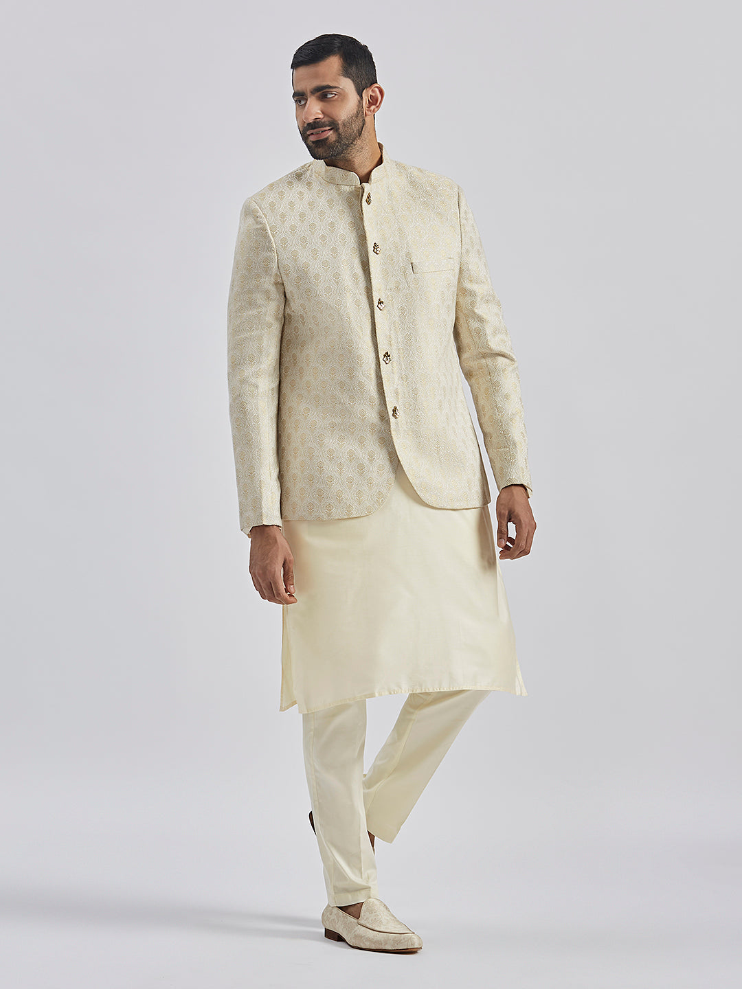 Men's Gold And Cream Viscose Jodhpuri, Kurta And Pyjama Set
