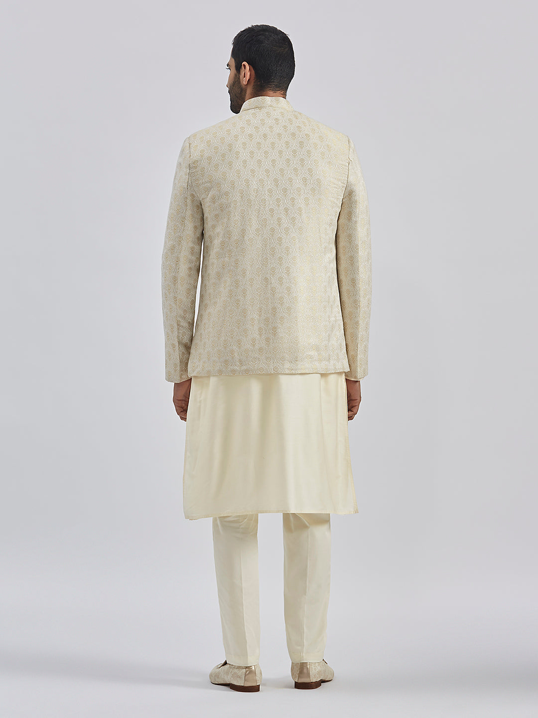 Men's Gold And Cream Viscose Jodhpuri, Kurta And Pyjama Set
