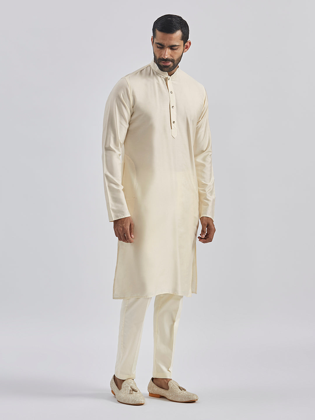 Men's Gold And Cream Viscose Jodhpuri, Kurta And Pyjama Set