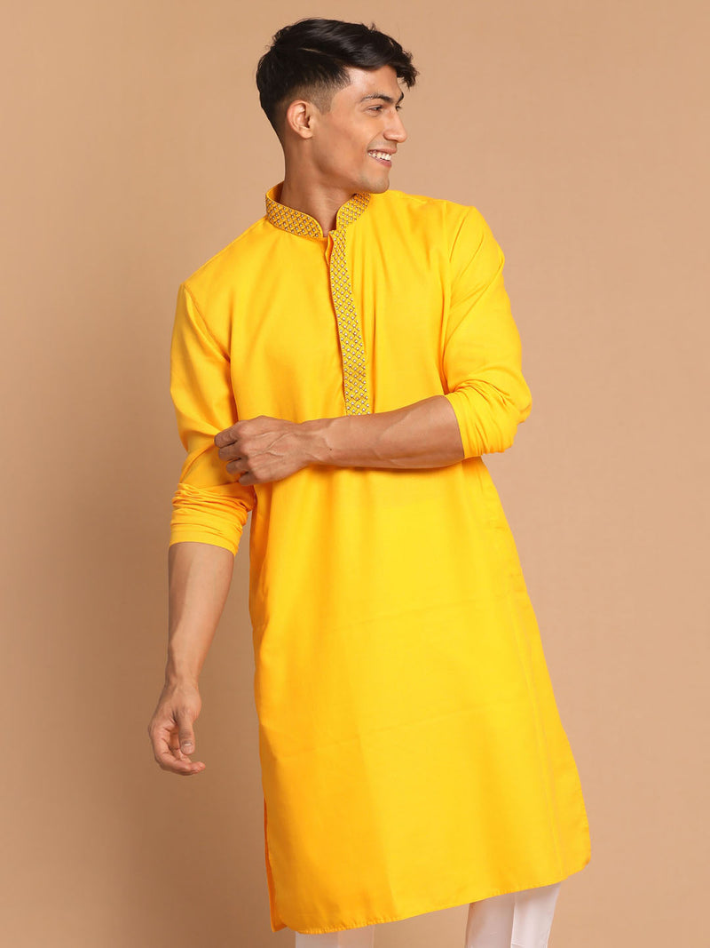 Men's Yellow Color Solid Kurta