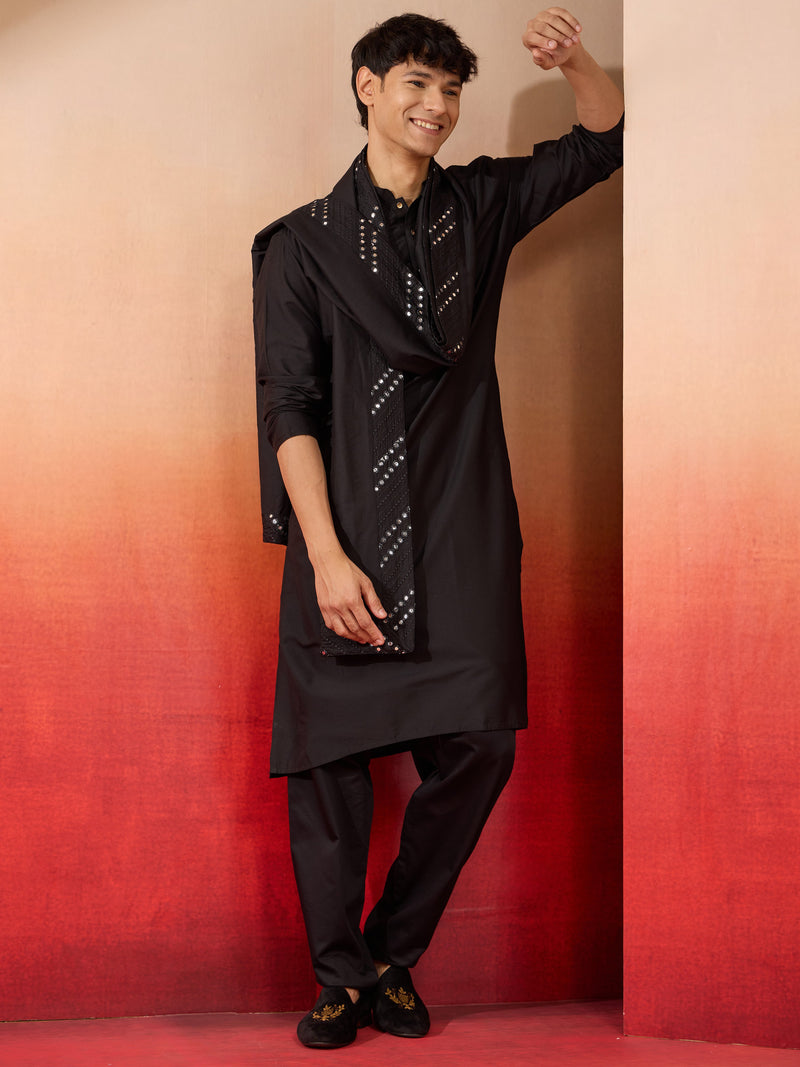 Mens Black Silk Kurta Set with Pant and Mirror Work Dupatta