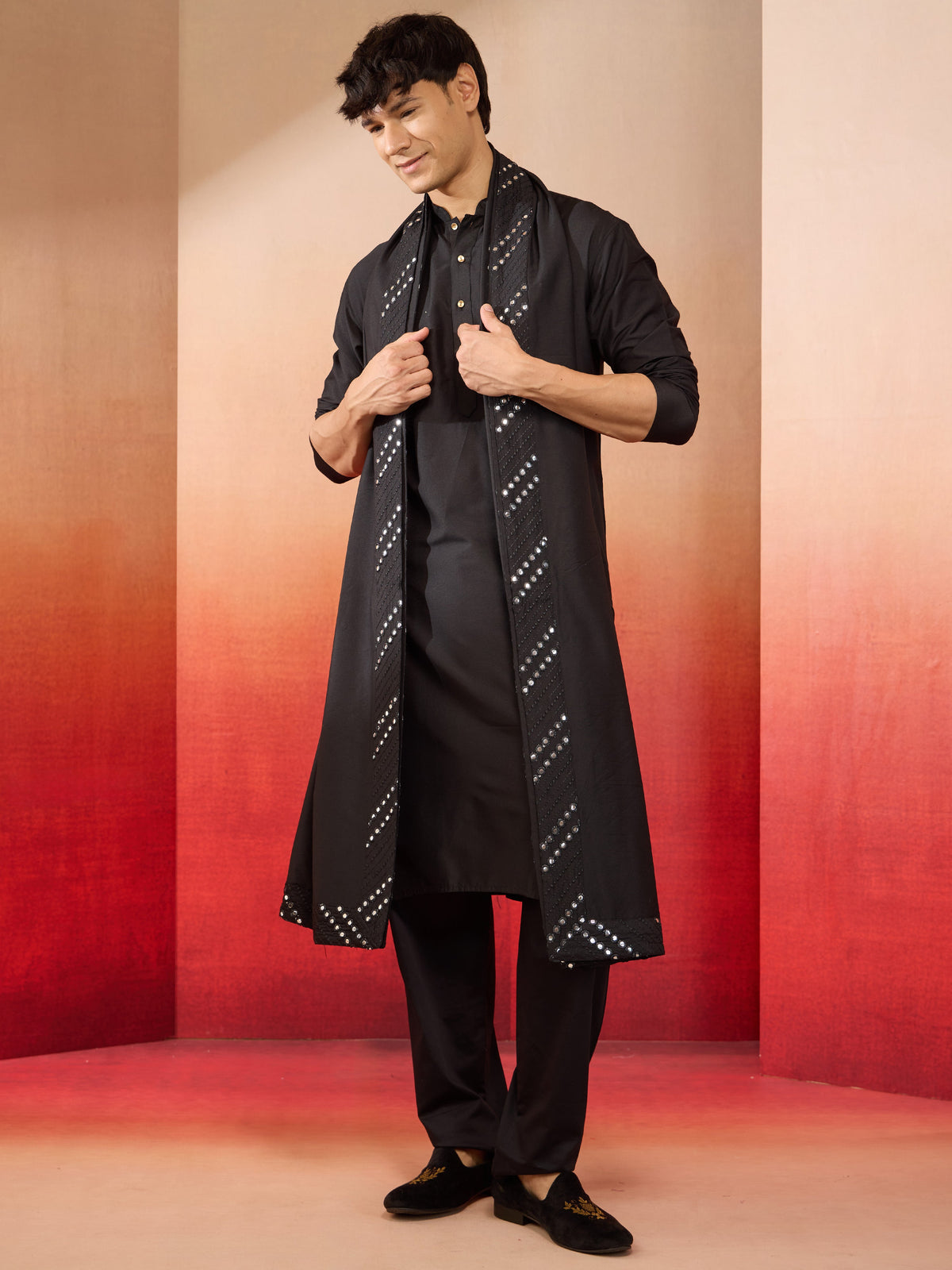 Mens Black Silk Kurta Set with Pant and Mirror Work Dupatta