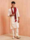 Vastramay Men Cream Silk Kurta Pyjama Set - 3 Piece with Maroon Dupatta Wedding Wear
