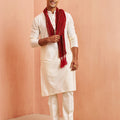Vastramay Men Cream Silk Kurta Pyjama Set - 3 Piece with Maroon Dupatta Wedding Wear
