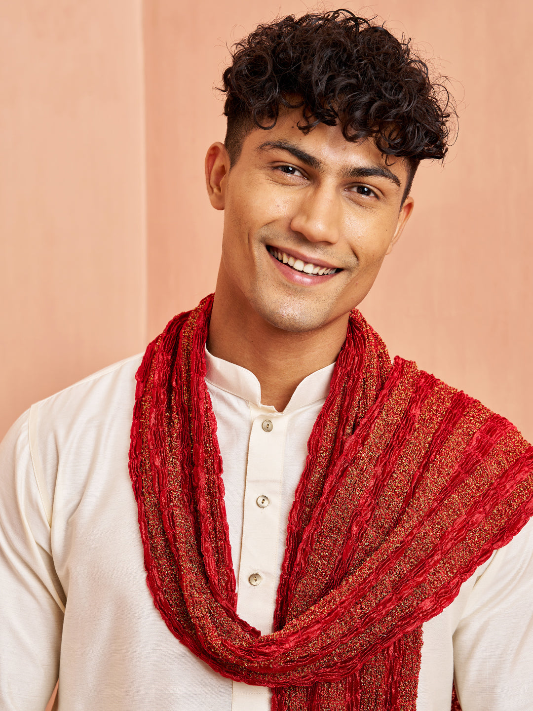 Vastramay Men Cream Silk Kurta Pyjama Set - 3 Piece with Maroon Dupatta Wedding Wear
