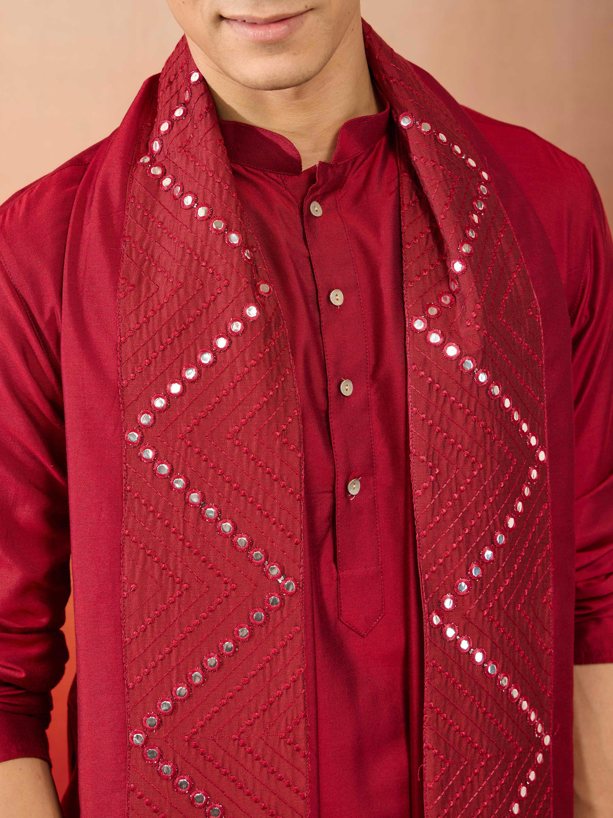 Men's Cream Embroidered Kurta with Maroon Churidar and Mirror Work Dupatta Set