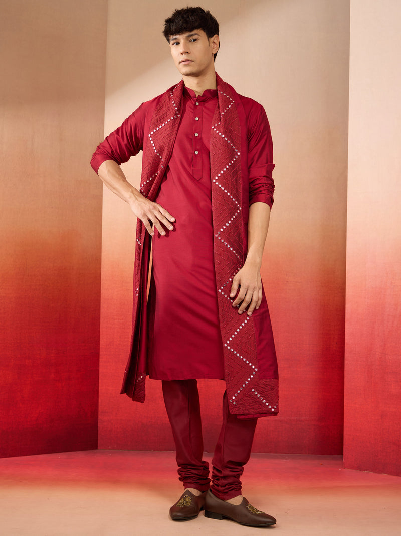Men's Cream Embroidered Kurta with Maroon Churidar and Mirror Work Dupatta Set