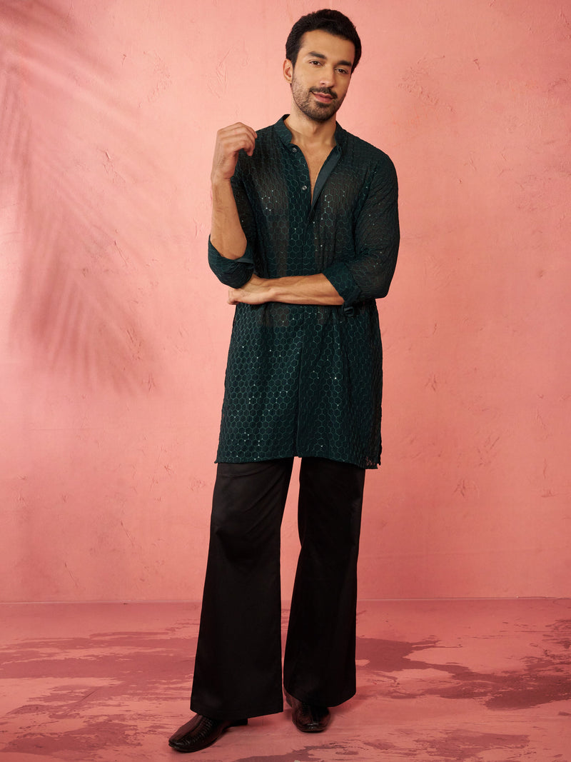 Men's Bottle Green Georgette Embroidered Kurta with Black Satin Palazzo Pant Set
