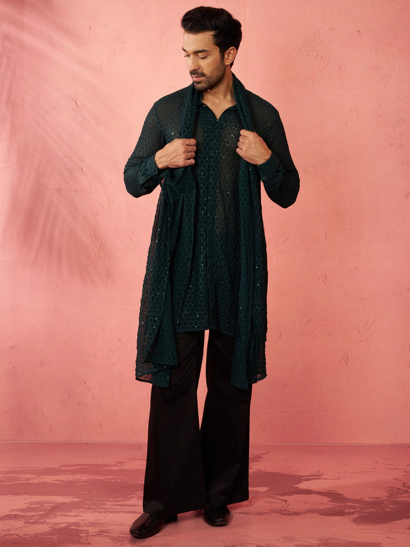 Men's Complete Bottle Green Kurta Set with Pant and Dupatta