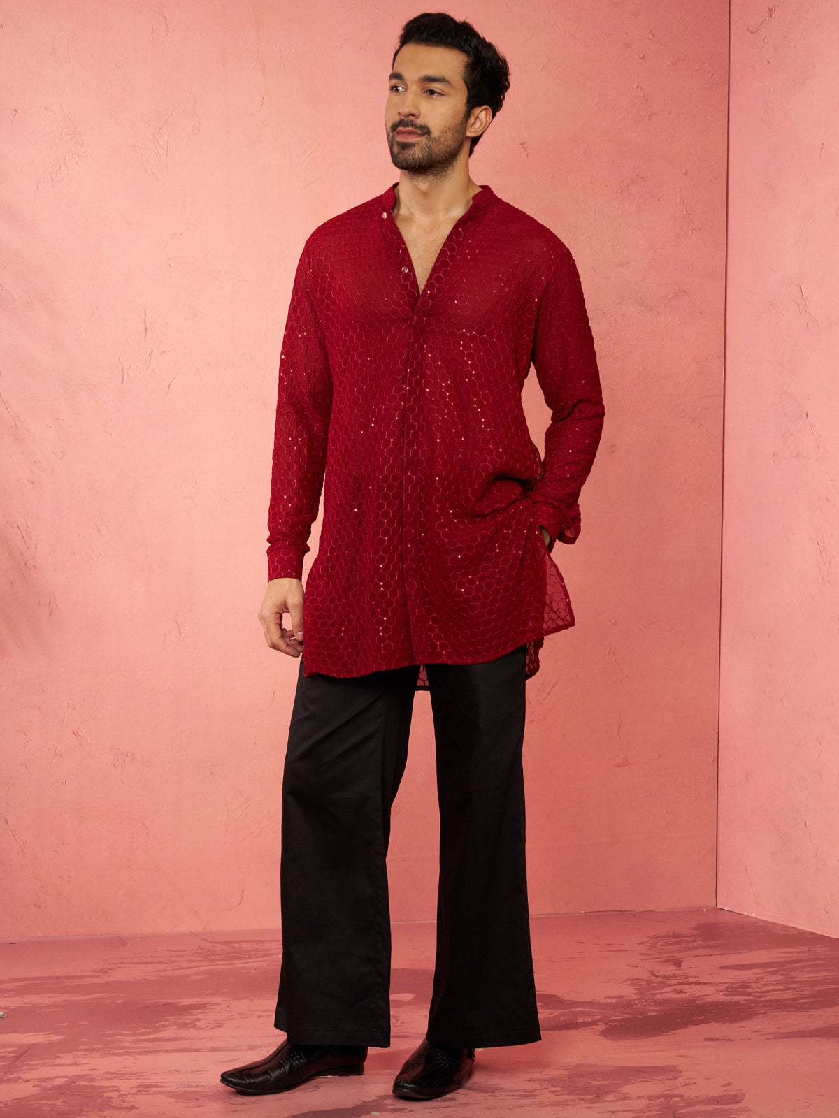 Men's Maroon Georgette Mid Kurta