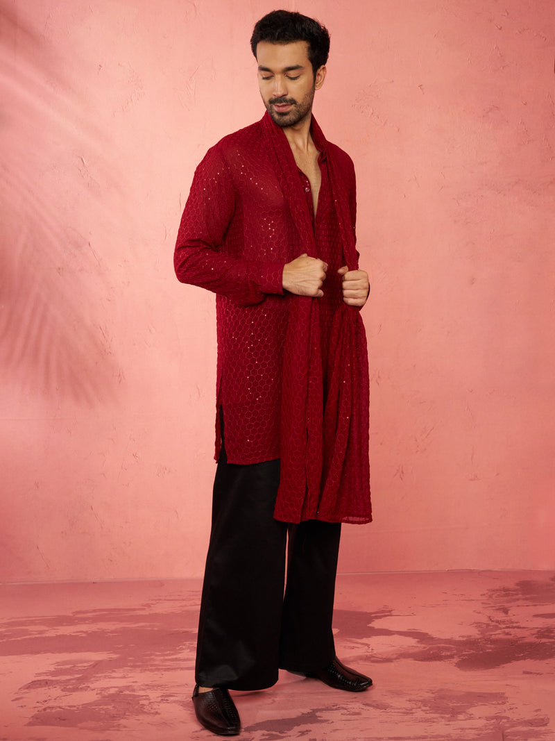 Men's Complete Maroon Kurta Set with Pant and Dupatta