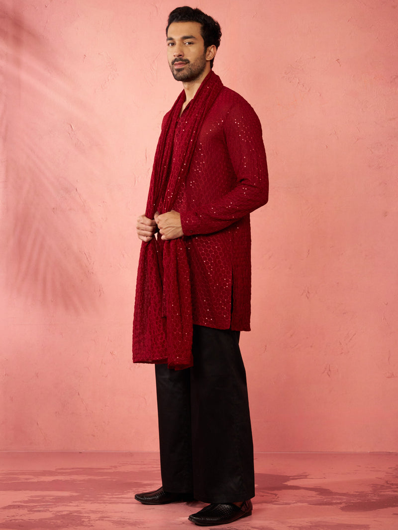 Men's Complete Maroon Kurta Set with Pant and Dupatta