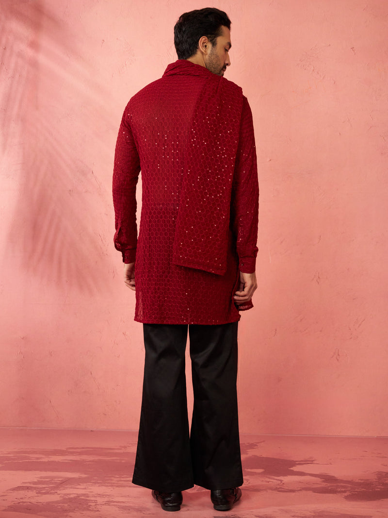 Men's Complete Maroon Kurta Set with Pant and Dupatta