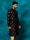 Men's Black Leaf Motif Embellished Kurta