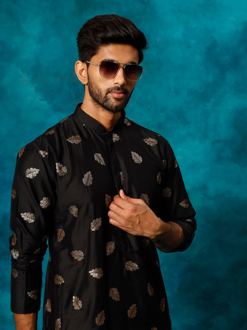 Men's Black Leaf Motif Embellished Kurta