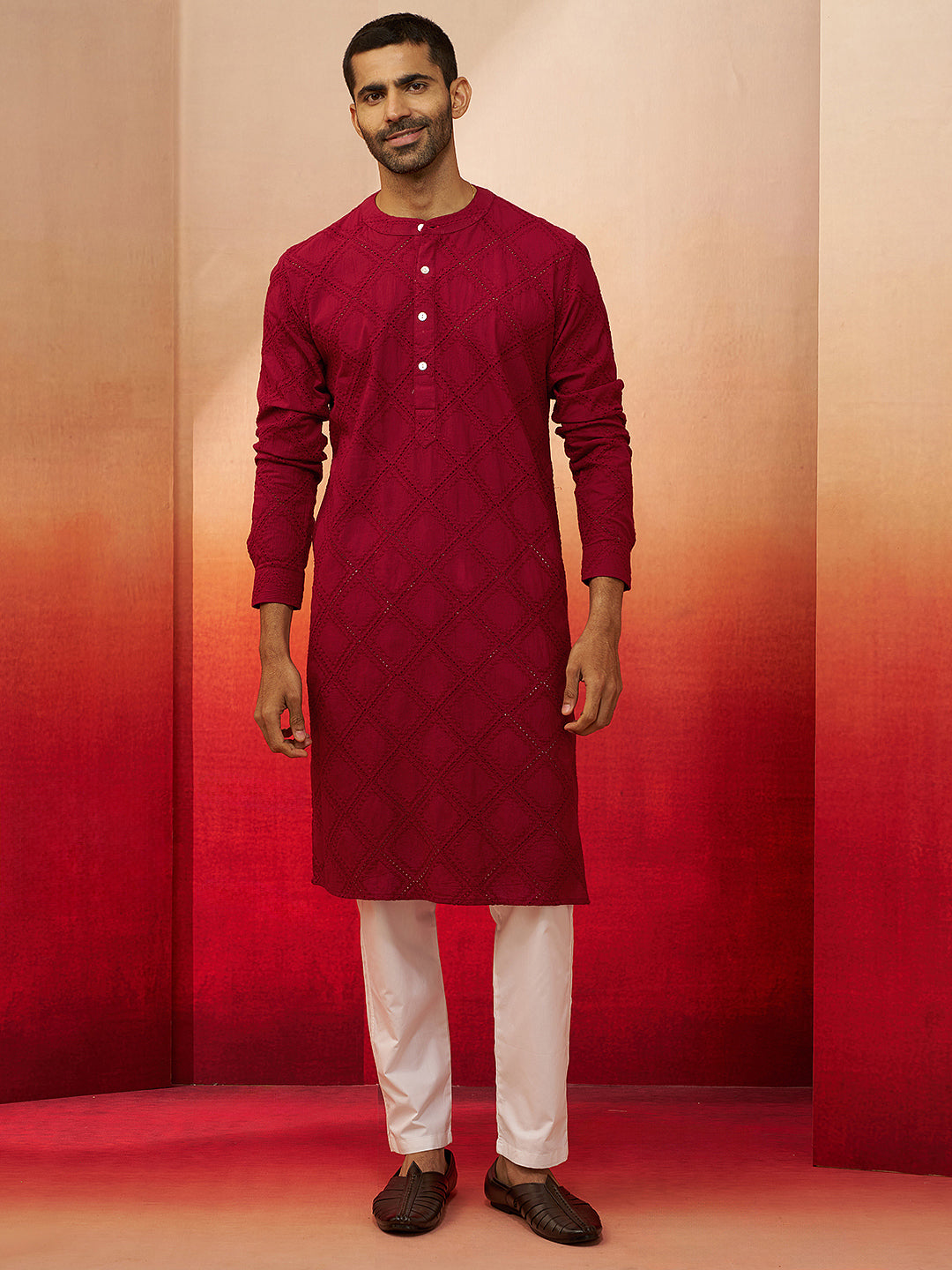 Men's Red Thread Embroidered Kurta with Pyjama