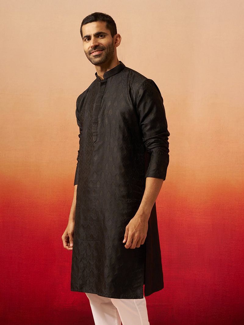 Vastramay Men Black Silk Fancy Jacquard Kurta