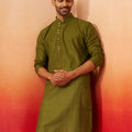Vastramay Men Mehendi Green Cotton Geometric Jacquard Kurta