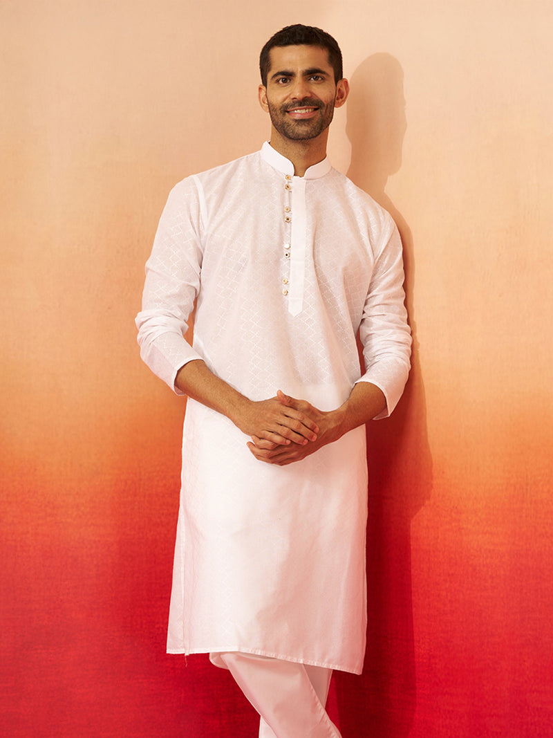 Vastramay Men White Cotton Geometric Jacquard Kurta