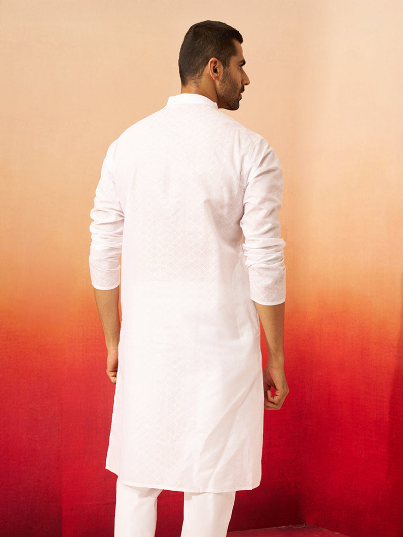 Vastramay Men White Cotton Geometric Jacquard Kurta