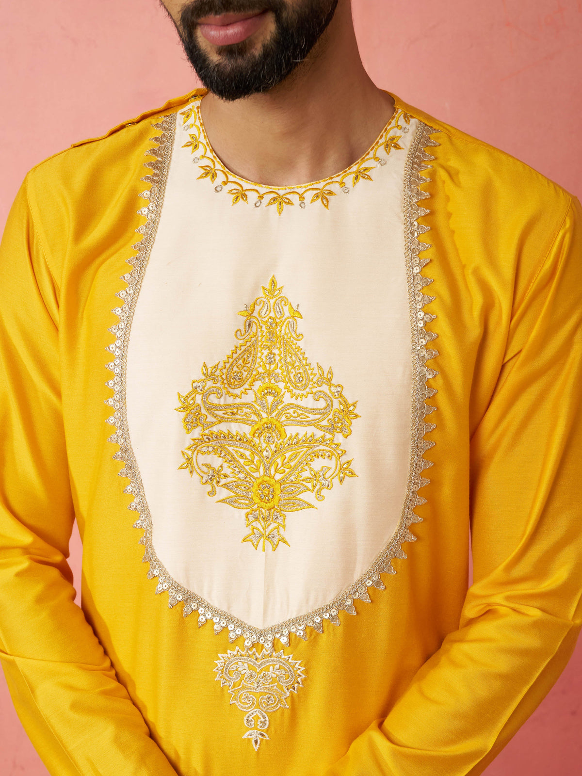 Men's Yellow Viscose Embroidered Kurta with Beige Tissue Dhoti Set