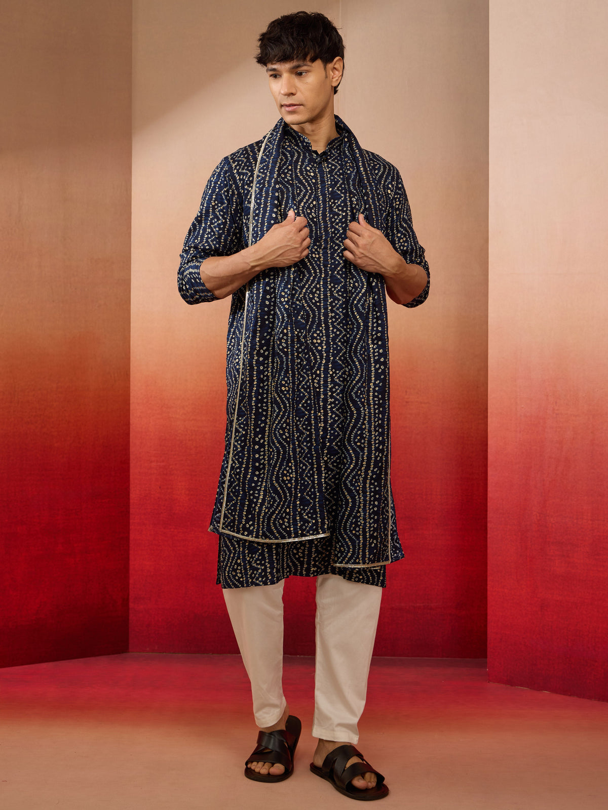 Mens Blue Bandhani Kurta Set with Cream Pant and Dupatta