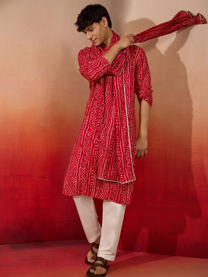 Mens Falsa Bandhani Kurta Set with Cream Pant and Dupatta