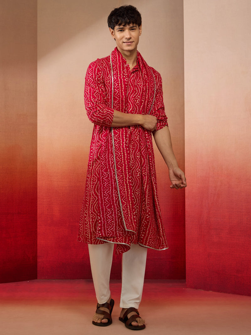 Mens Falsa Bandhani Kurta Set with Cream Pant and Dupatta
