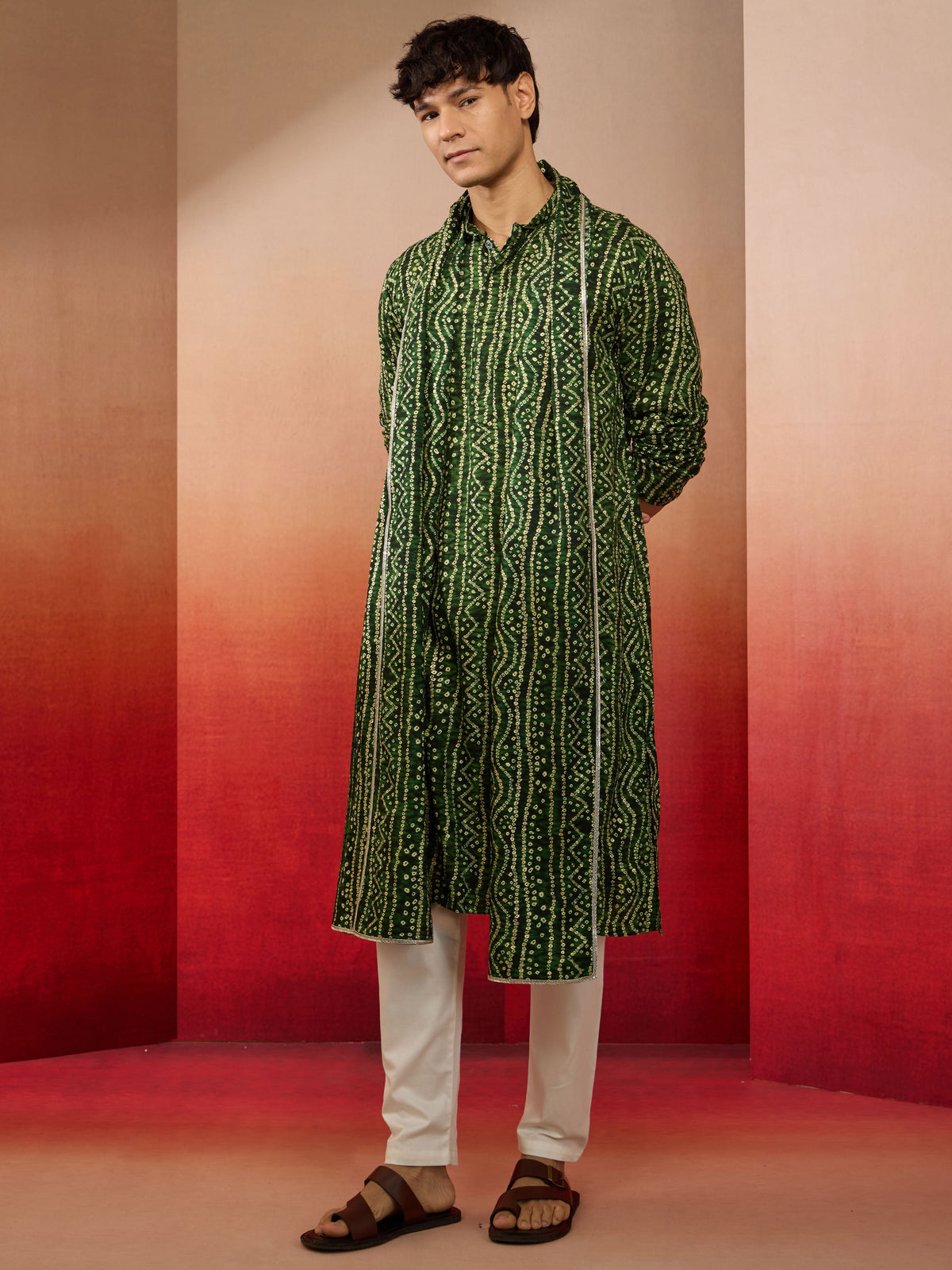 Mens Green Bandhani Kurta Set with Cream Pant and Dupatta