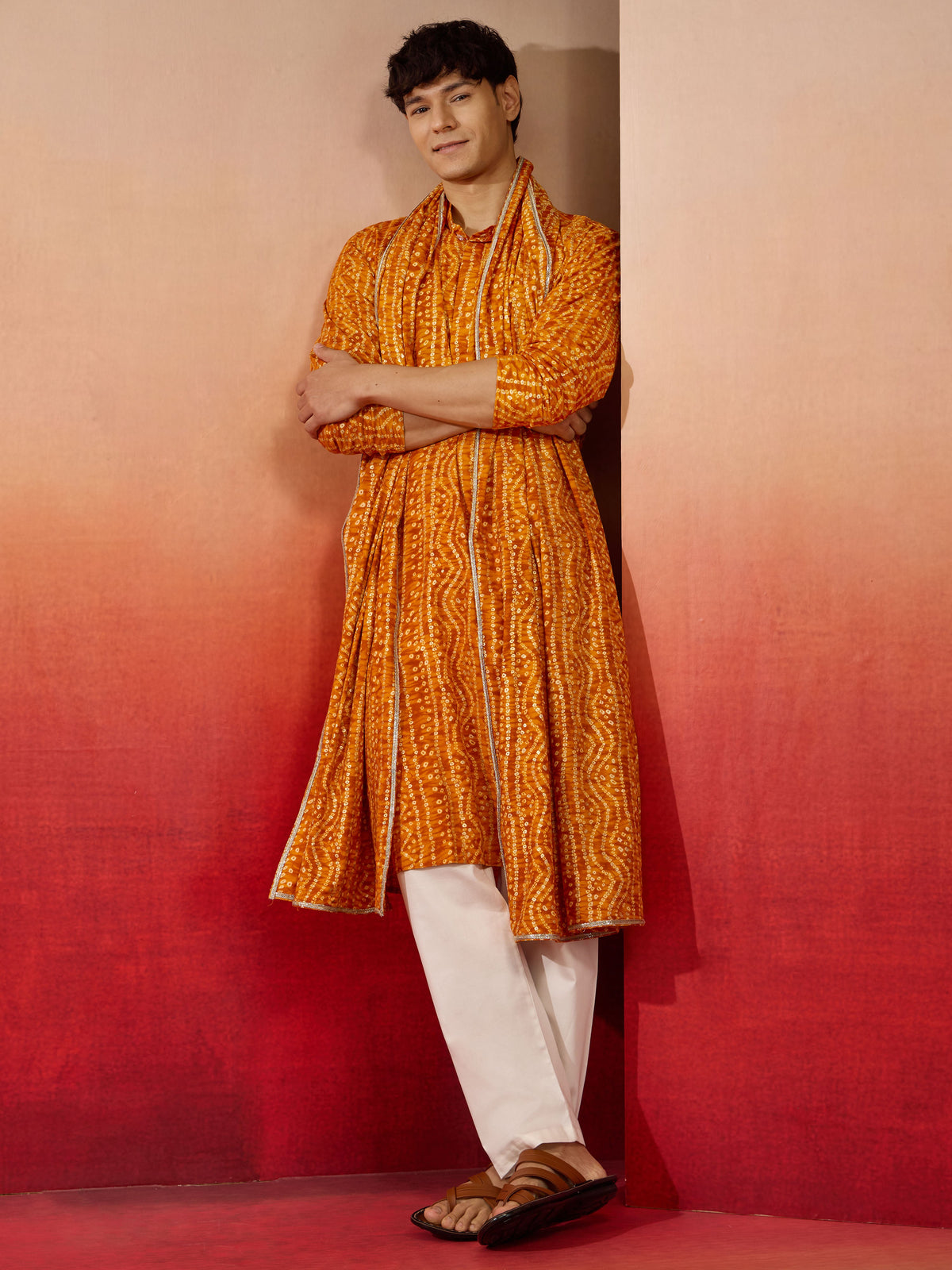 Mens Mustard Bandhani Kurta Set with Cream Pant and Dupatta
