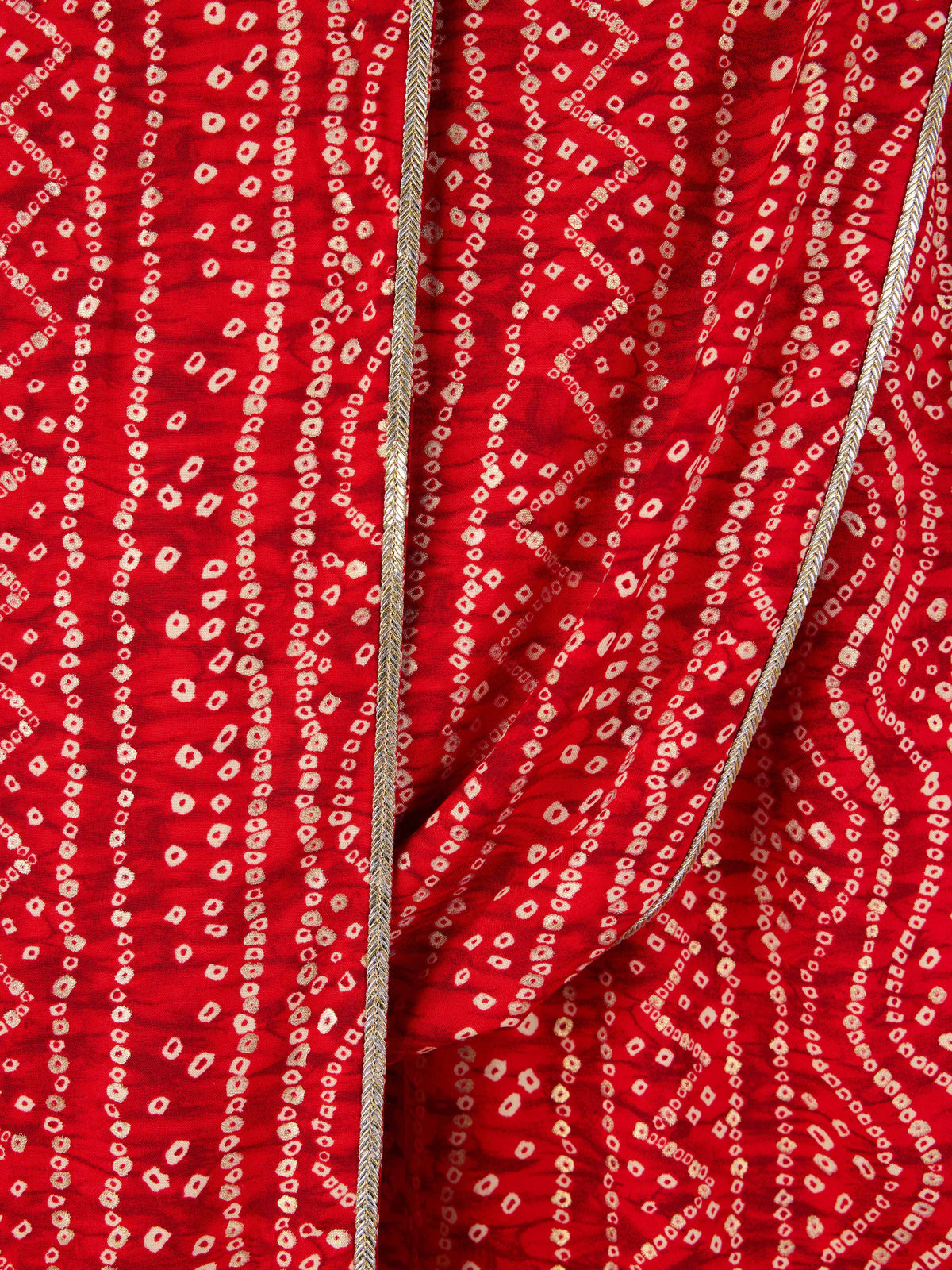 Mens Red Bandhani Kurta Set with Cream Pant and Dupatta