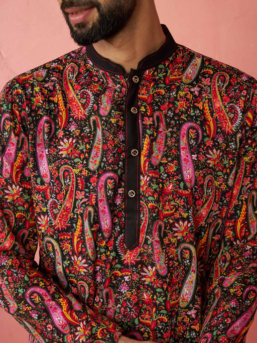 Men's Black Kurta with Cream Pyjama