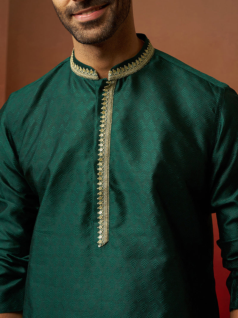 Vastramay Men Bottle Green Silk Anmol Jacquard Kurta