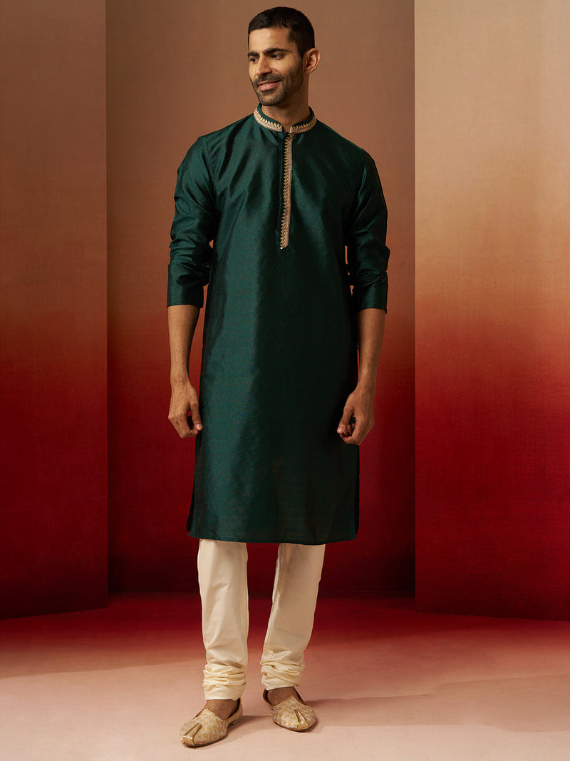 Vastramay Men Bottle Green Silk Anmol Jacquard Kurta