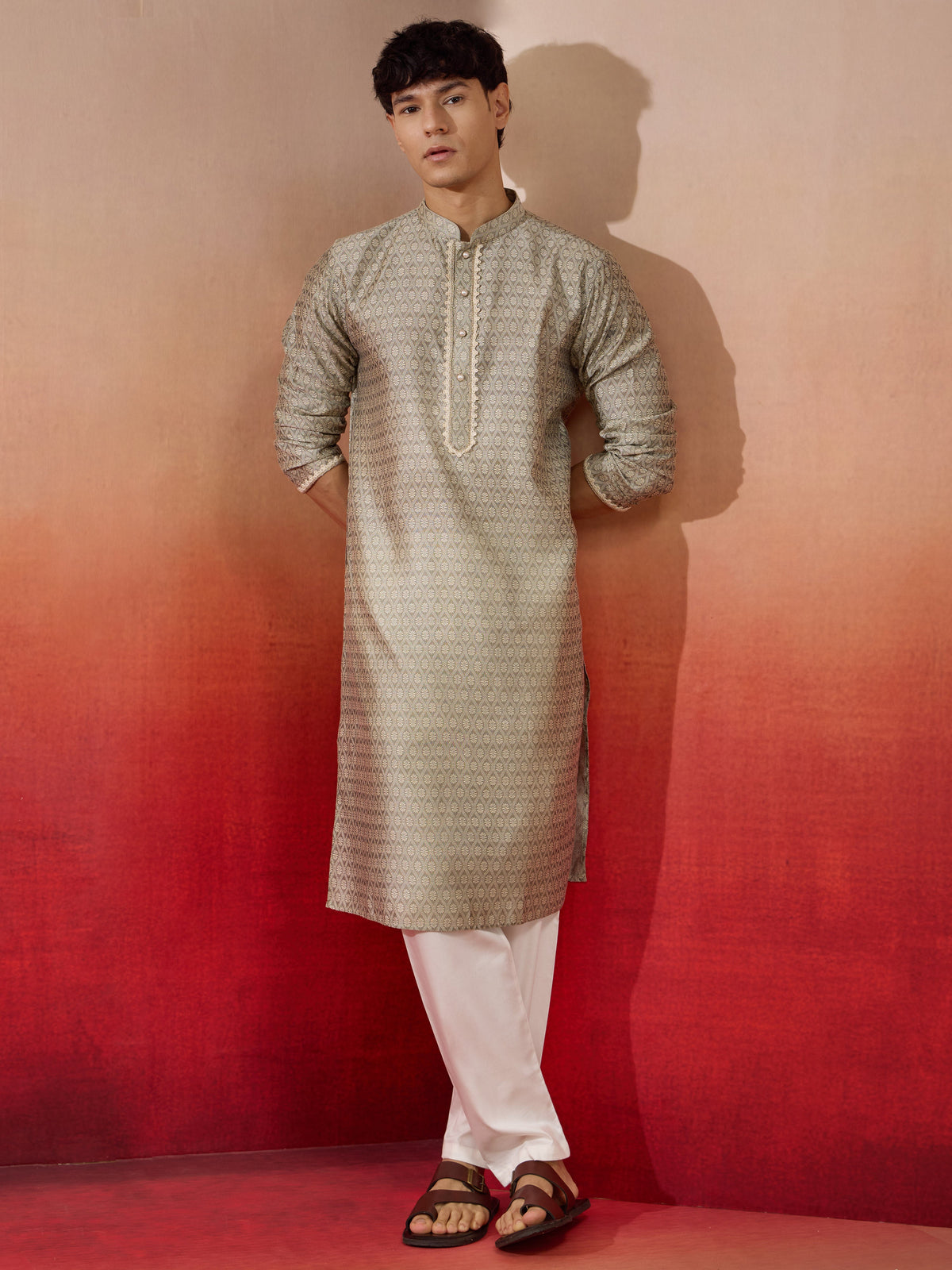 Mens Grey Jacquard Kurta with Pyjama
