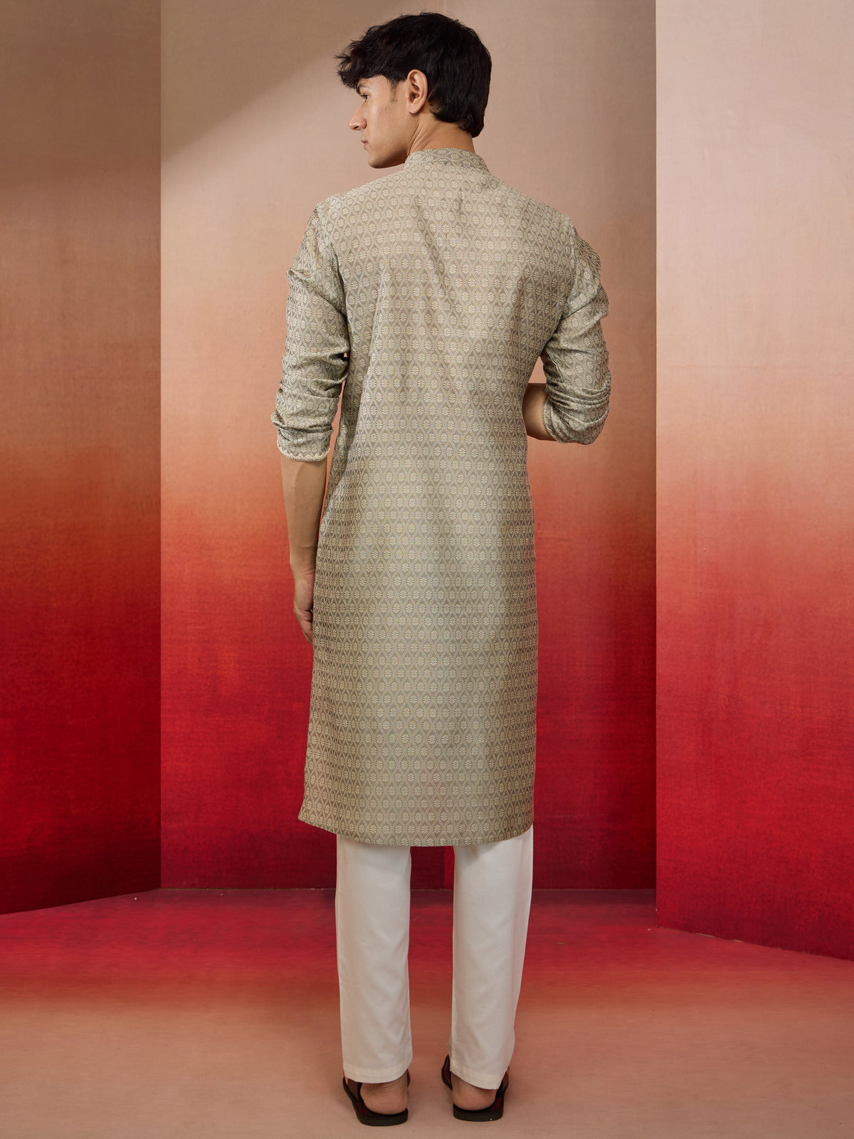 Mens Grey Jacquard Kurta with Pyjama