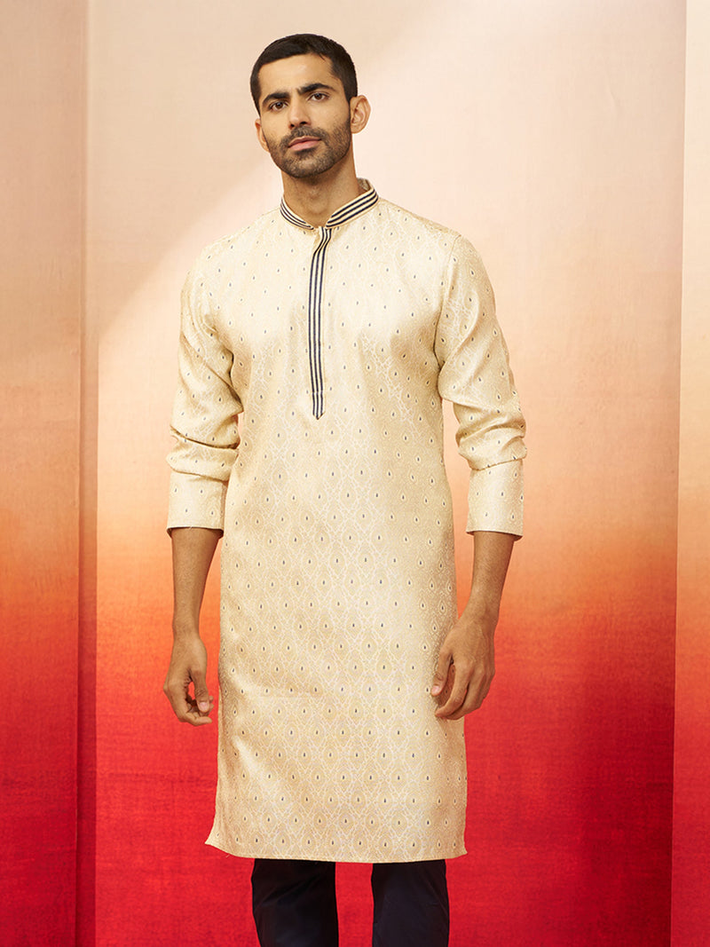 Vastramay Men Cream Royal Blue Silk Jacquard Kurta